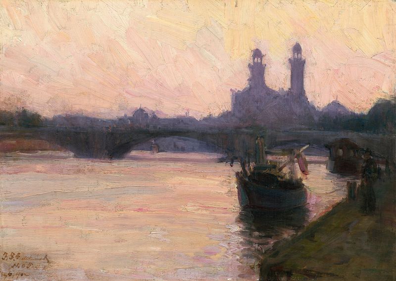 The Seine by Henry Ossawa Tanner, oil painting depicting a serene riverside with boats and golden light.