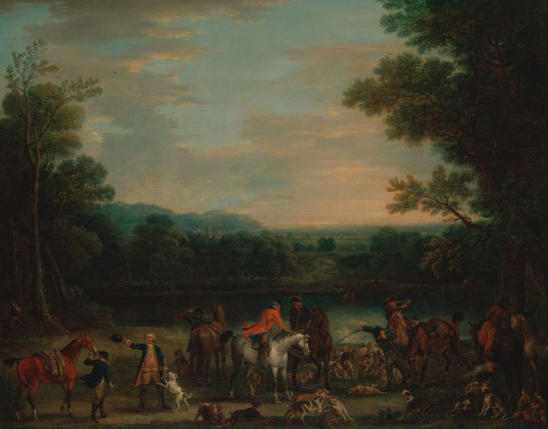 The Death of the Hare by John Wootton, depicting a hare and a hunter in a forest setting.