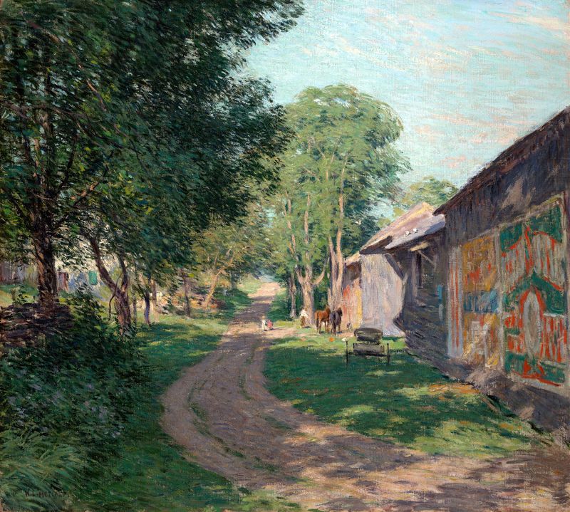 Midsummer Shadows by Willard Leroy Metcalf, oil on canvas showing sunlight filtering through leaves.