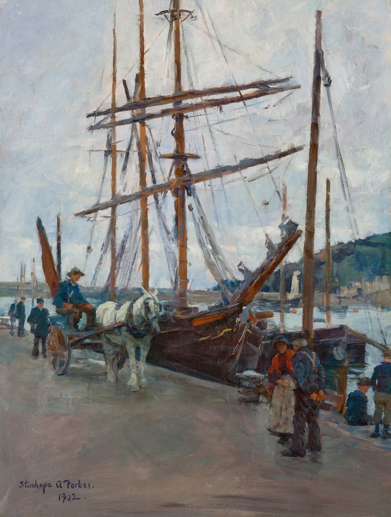 Oil on canvas by Stanhope Alexander Forbes depicting a marine harbour with boats