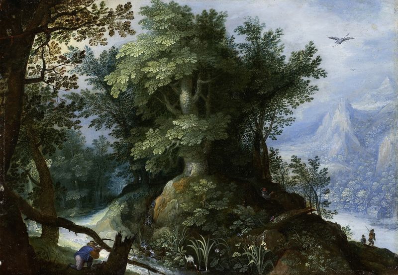 Cena de floresta com caçadores entre árvores, pintura a óleo de Circle Of Gillis Van Coninxloo