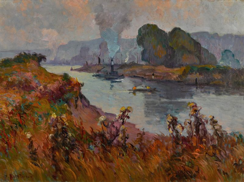 Bord de Seine by Robert Antoine Pinchon, oil on canvas depicting a tranquil river and trees.