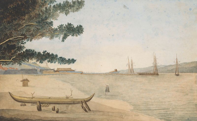 Oil painting by J. G. van der Does depicting a Dutch settlement with a fort and harbor in Indonesia.