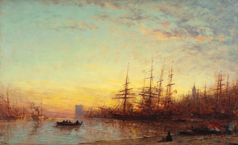 Pintura a óleo de Félix Ziem mostrando um porto ao pôr do sol com um pequeno barco e reflexos na água.