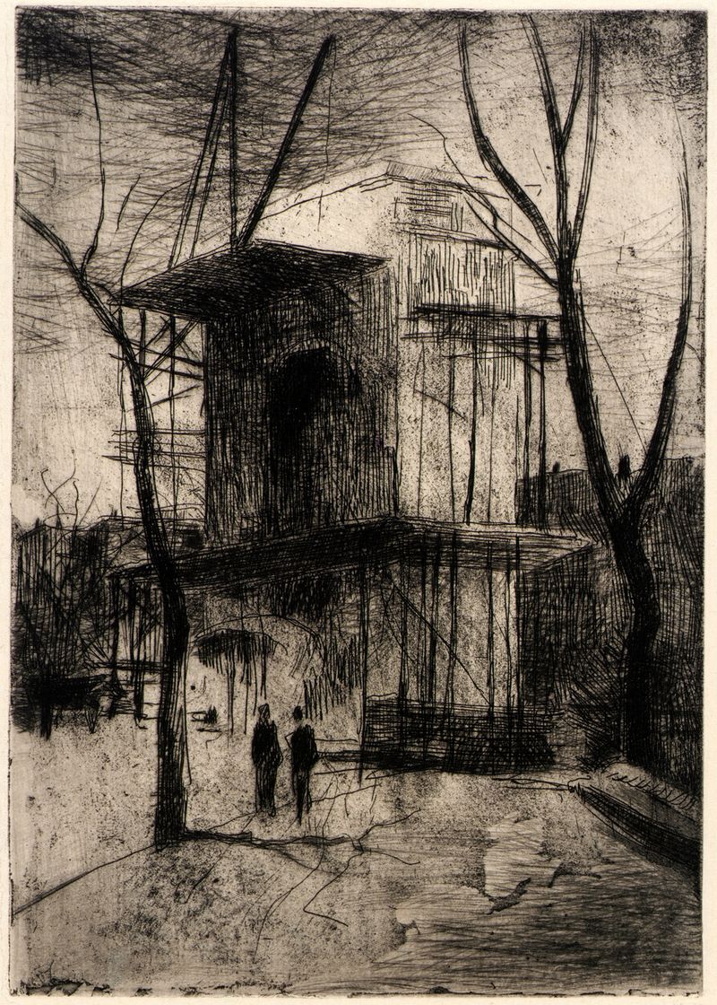 Washington Arch no. 2 de Julian Alden Weir, óleo sobre lienzo, presenta un arco enmarcado por árboles.