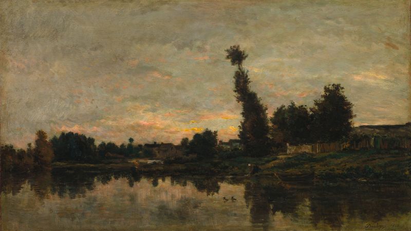 Sunset on the River Oise by Charles François Daubigny, oil on canvas depicting a vibrant sunset over a river.