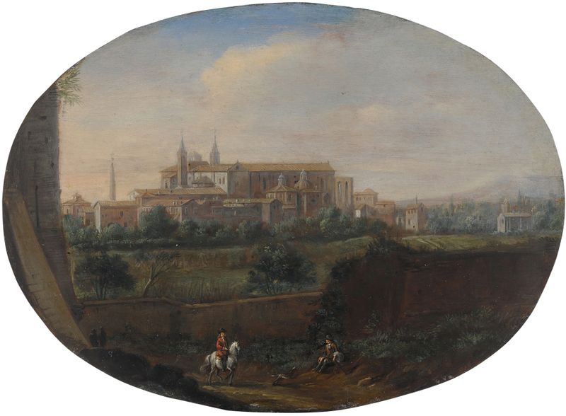 Vista da paisagem de Roma com jardim e San Giovanni in Laterano, de Hendrick Frans van Lint, pintura a óleo