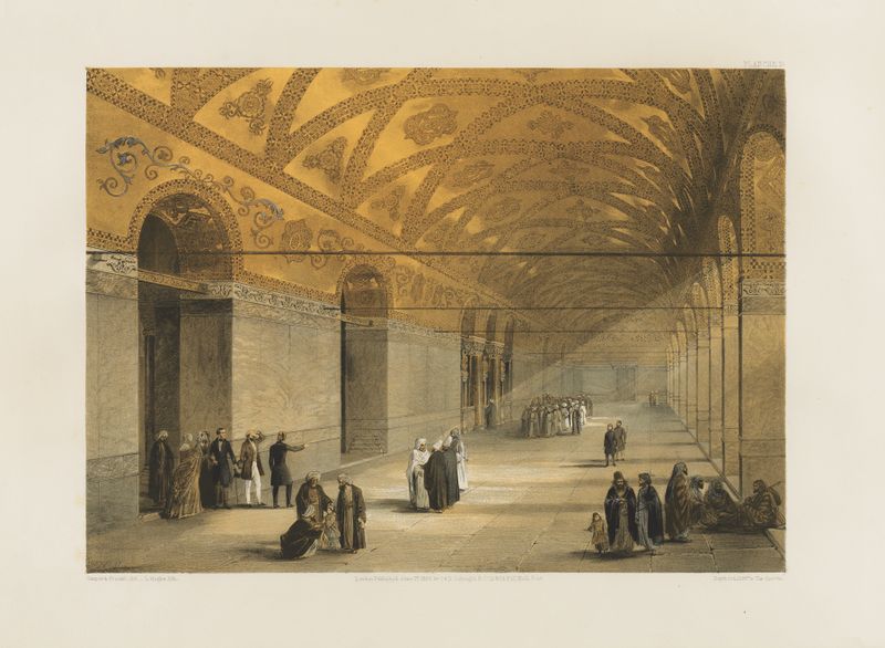 Engraving of Aya Sofia by Gaspare Fossati, featuring the dome and intricate mosaics.
