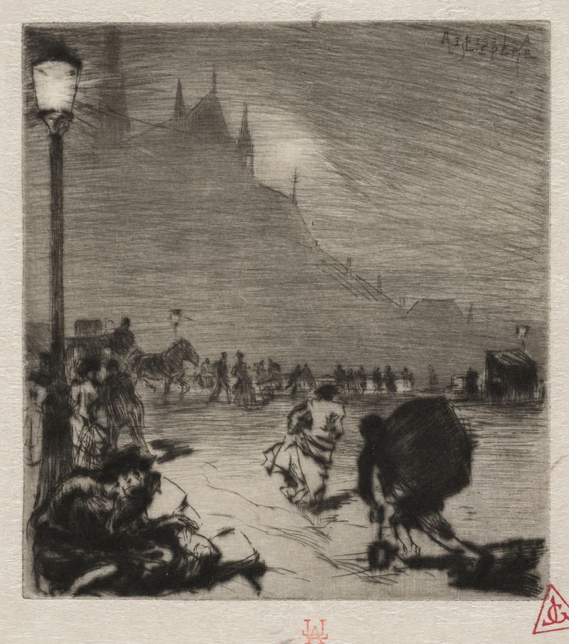 Etching by Auguste Louis Lepère depicting a bridge over the Seine river
