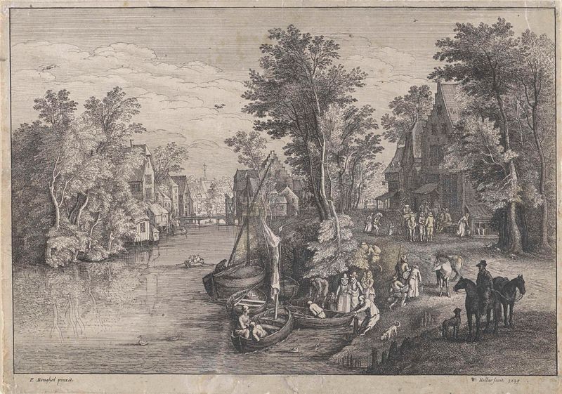 Grabado de Wenceslaus Hollar que representa un río, un pequeño ferry y un pueblo.