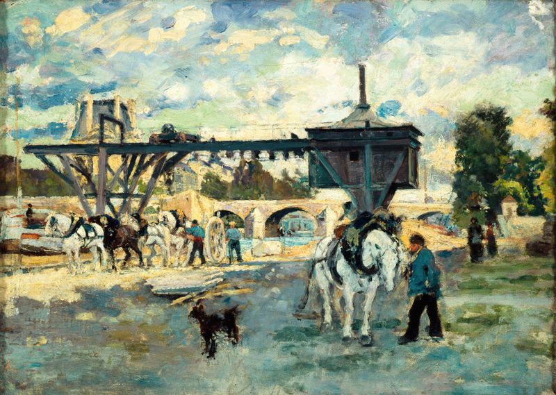 Grue sur la Seine au pont Royal by Emile Antoine Guillier, oil painting depicting a river and bridge at sunset