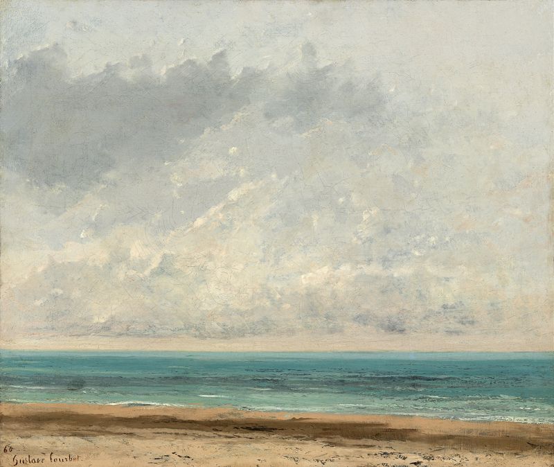 Calm Sea de Gustave Courbet, pintura al óleo que muestra aguas tranquilas y luz suave.