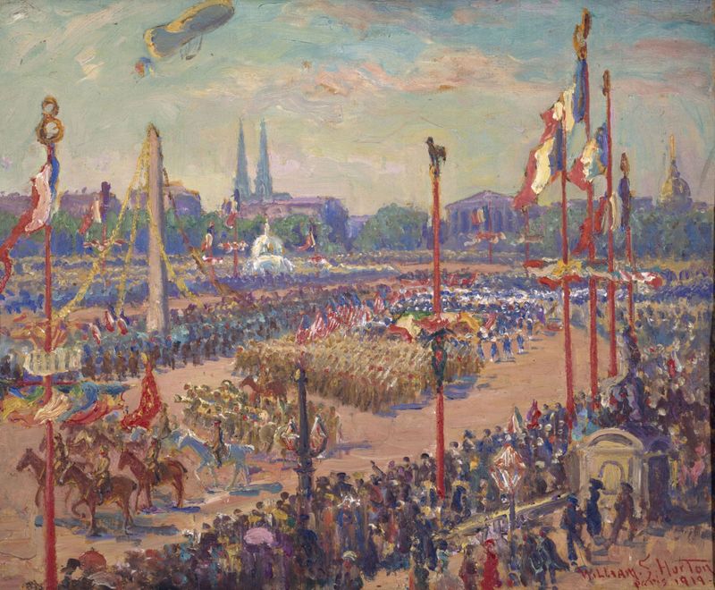 Historical scene depicting soldiers celebrating in a square, oil painting by William Samuel Horton