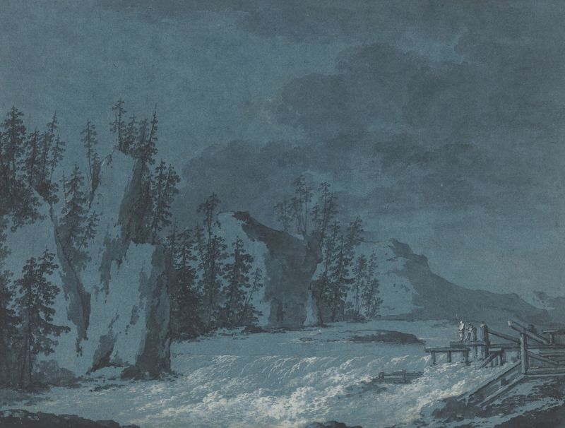 River Rapids de Claude-Louis Châtelet, óleo que retrata um rio em movimento e penhascos arborizados
