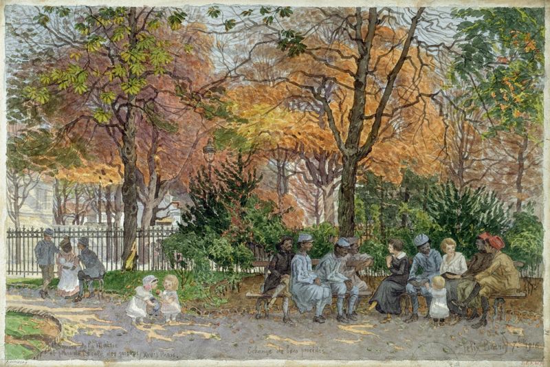 Cena de gênero com crianças brincando em uma praça, pintura a óleo de Félix Brard