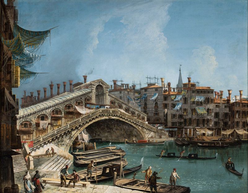 Rococo oil painting by Michele Marieschi depicting the Rialto Bridge in Venice