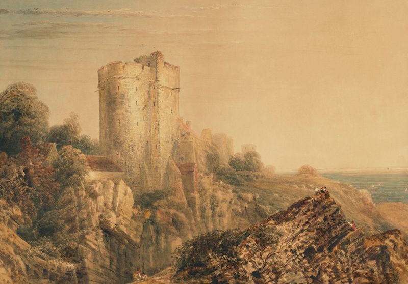 View of Lympne Castle, Kent by Peter De Wint, watercolor on paper, featuring rolling hills and a castle.