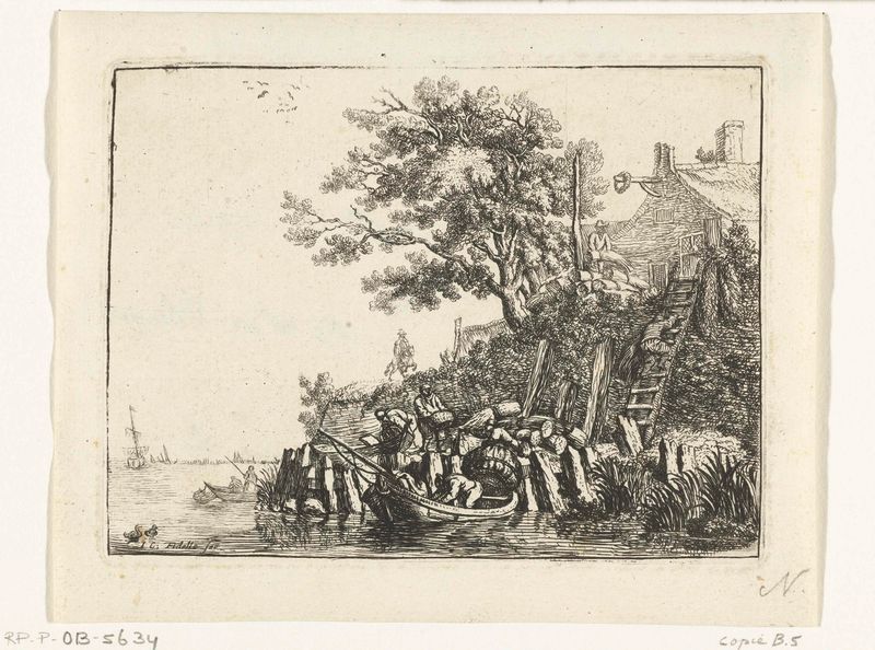 Mannen laden graanschoven in een boot, grabado de Jacob Folkema que muestra hombres cargando grano en un barco.