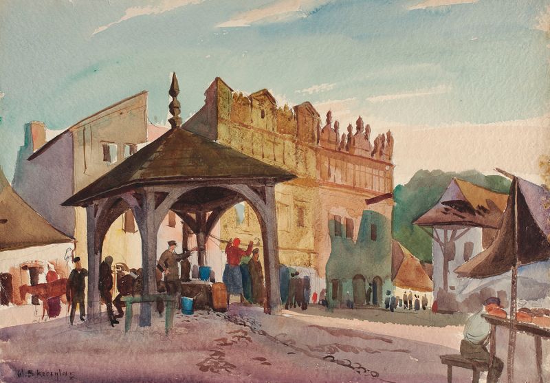 Genre scene depicting a bustling market, oil on canvas by Władysław Skoczylas