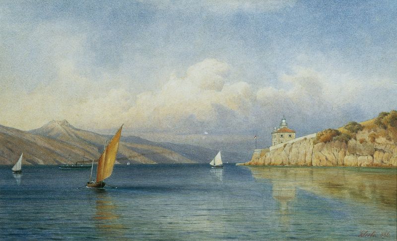 Lighthouse at sunset, oil painting by Gottfried Seelos