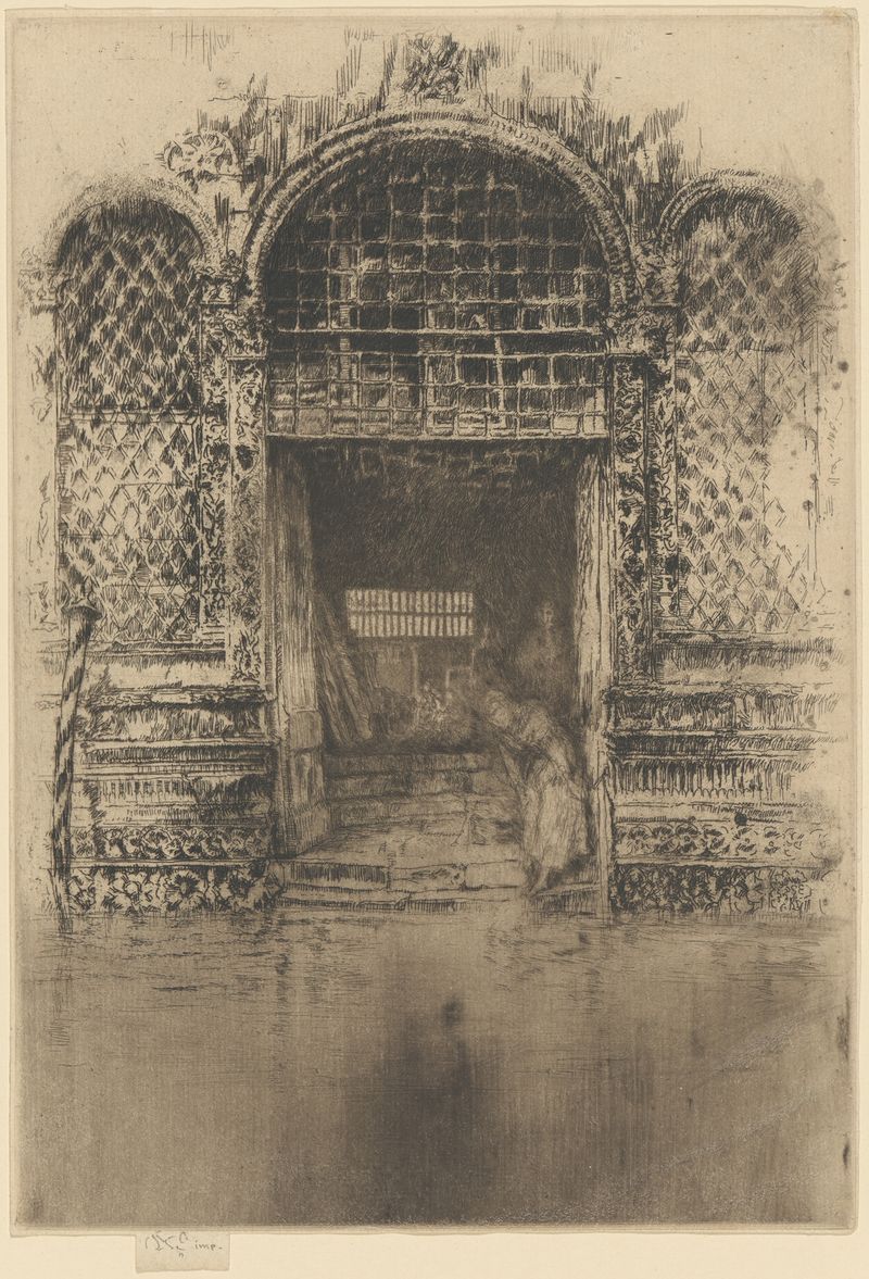 Escena interior con una puerta, pintura al óleo de James Abbott McNeill Whistler
