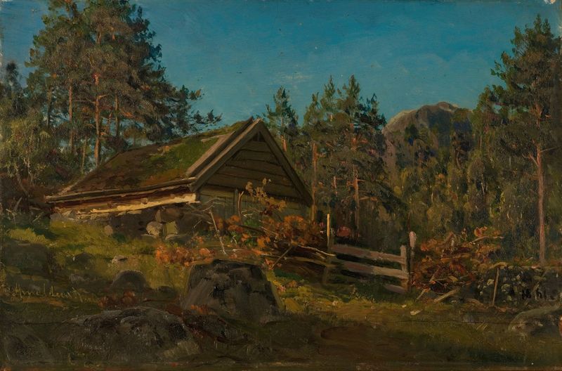 Sommerfjøs de Amaldus Nielsen, pintura al óleo que representa un granero en luz dorada.