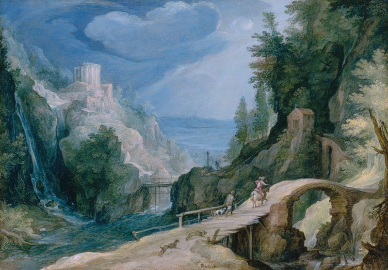 Paisagem perto de Tivoli de Paul Bril, Maneirismo, retratando colinas, rio e folhagem exuberante