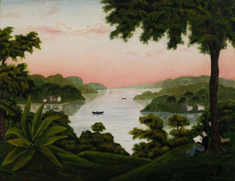 Paisagem de Helen Matilda Kingman, pintura a óleo com colinas e um céu em tons pastéis.