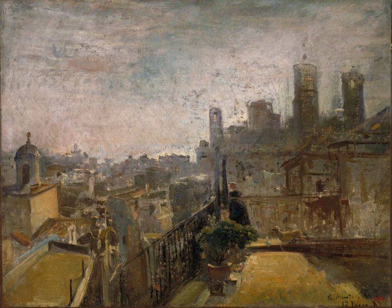 Rooftops of Barcelona under a tranquil sky, oil painting by Ramon Martí i Alsina