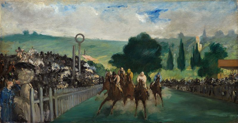 The Races at Longchamp by Édouard Manet, oil painting depicting a lively horse race with spectators.