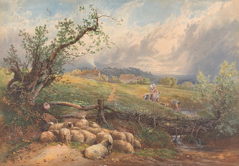 Children at the Spring, watercolor on paper by Myles Birket Foster