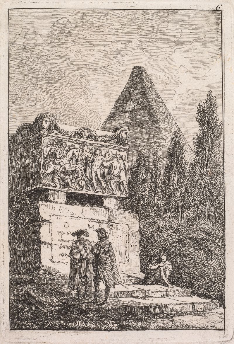 Le Sarcophage de Hubert Robert, con un sarcófago ornamentado iluminado por la luz del sol, pintura al óleo