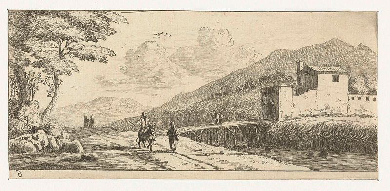 Landschap met een man op een ezel, grabado de Reinier Nooms que muestra a un hombre en un burro en un paisaje.