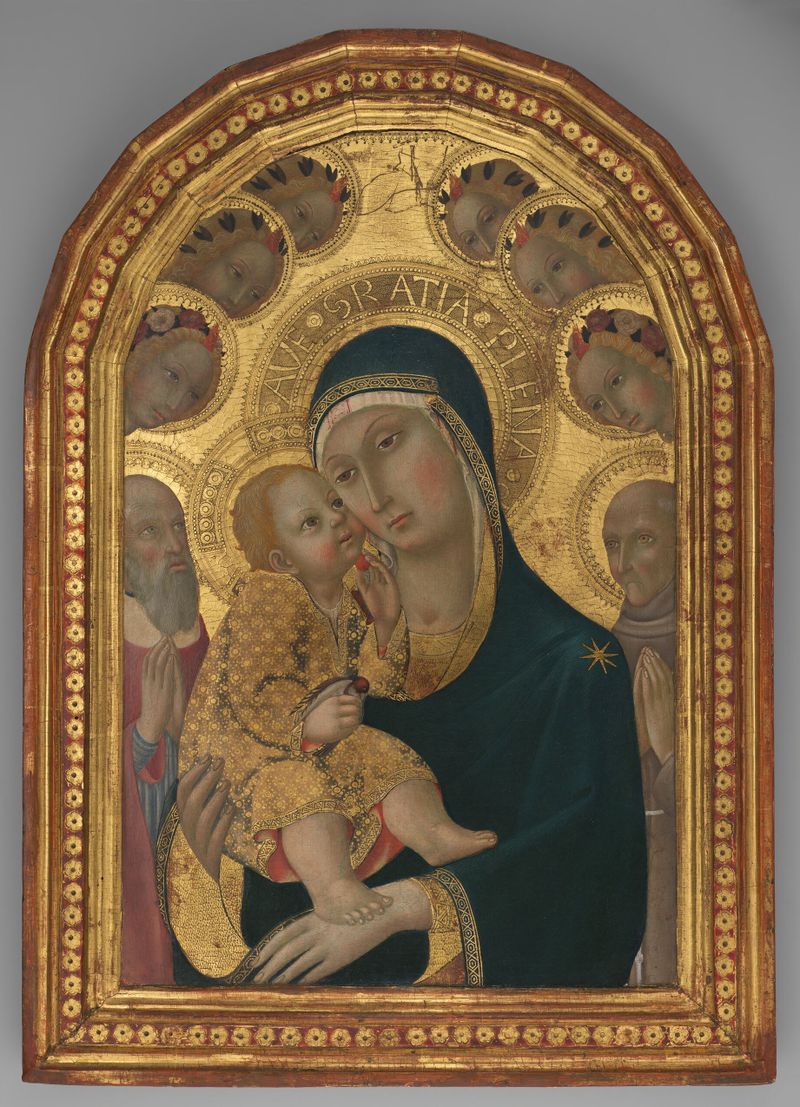 Virgen y Niño con los Santos Jerónimo y Bernardino, temple sobre panel de Sano di Pietro
