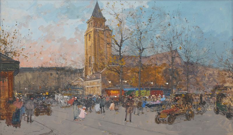 Saint-Germain-des-Prés architecture by Eugène Galien-Laloue, oil on canvas