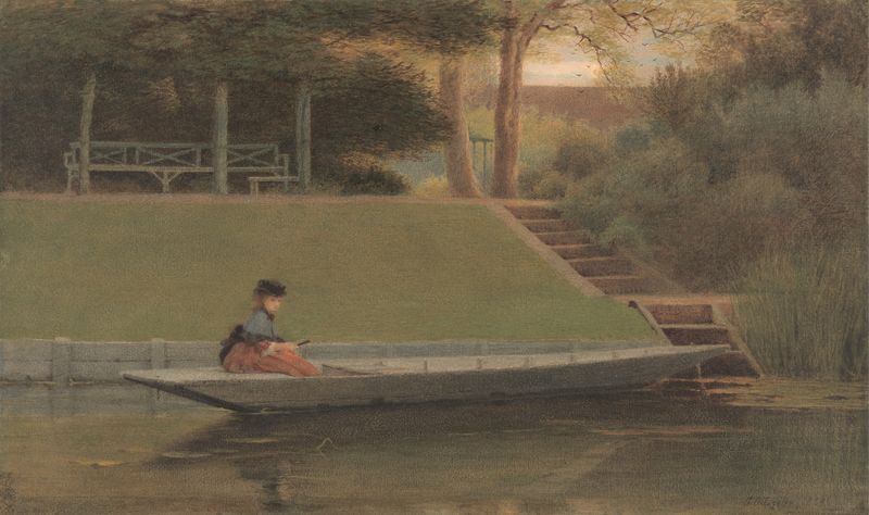 Chica en una barca, óleo sobre lienzo de George Dunlop Leslie, mostrando a una niña en un bote en agua tranquila.
