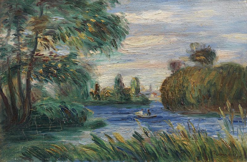 River Landscape de Pierre-Auguste Renoir, pintura al óleo que representa un río tranquilo y vegetación exuberante.