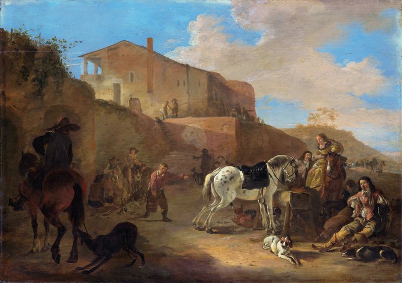 La cacería de Dirk Stoop, óleo sobre lienzo que muestra cazadores con arcos en un bosque