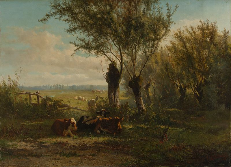 Landscape of a meadow with trees and a river, oil painting by Gerard Bilders