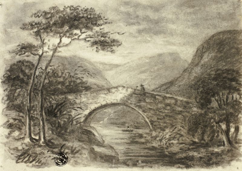 Stone Bridge in Mountains de Elizabeth Murray, retratando uma ponte de pedra sobre um rio em uma paisagem