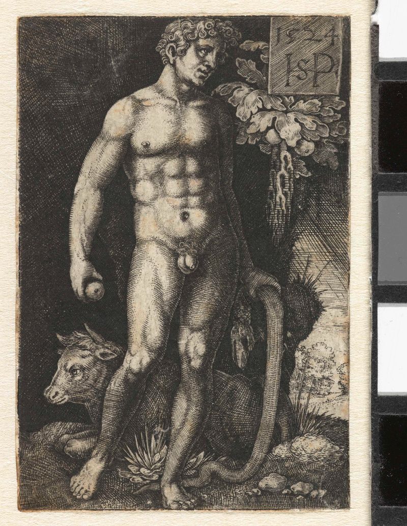 Grabado de Hans Sebald Beham que representa a Adán sosteniendo una manzana.