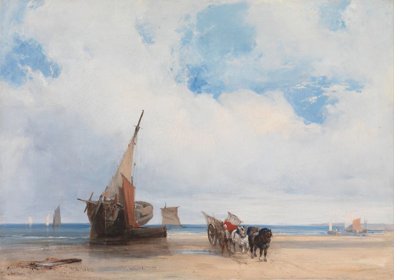 Embarcações encalhadas e uma carroça na praia, óleo sobre tela de Richard Parkes Bonington