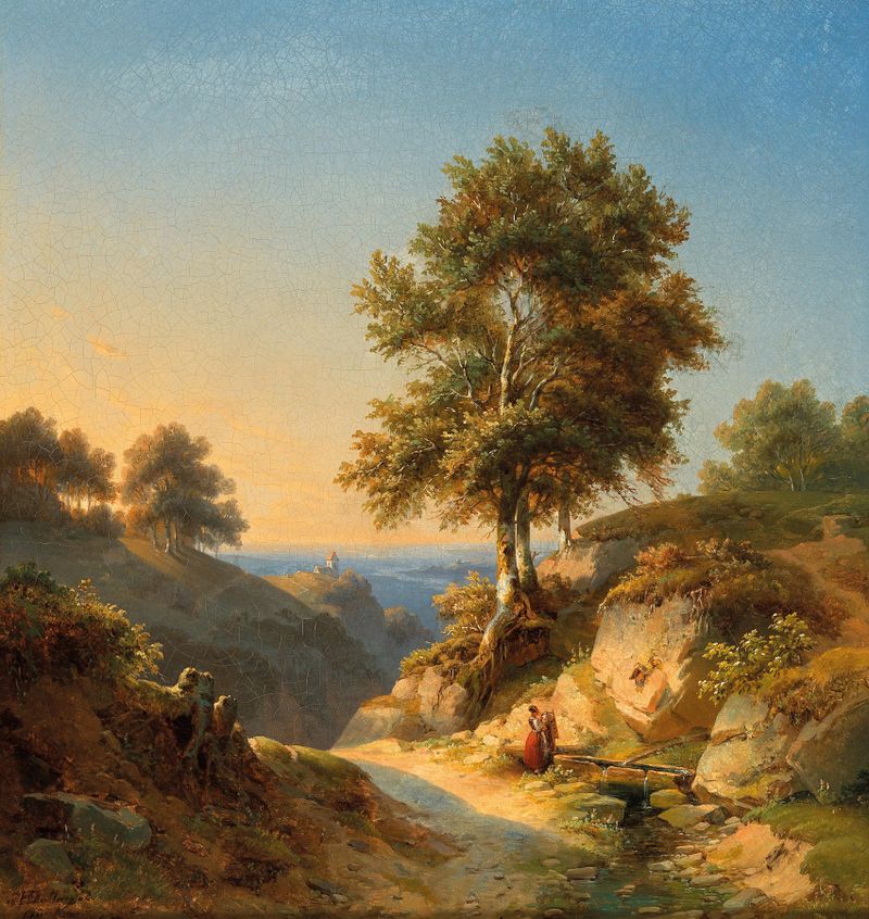 A Mountain Landscape with a Woman at Spring Fountain, óleo sobre tela de Heinrich Dallwig