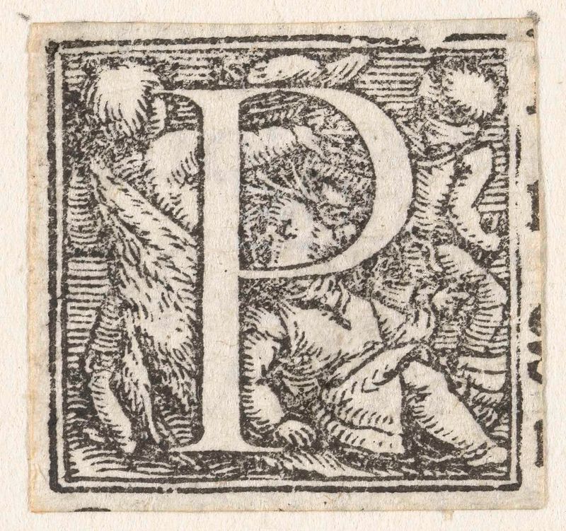 Letra P com três crianças em pé e uma criança sentada, papel, Hans Holbein
