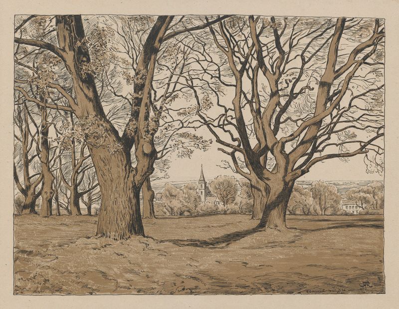 Paisaje del área de Obersursel de Hans Thoma, pintura al óleo que muestra colinas y luz solar.