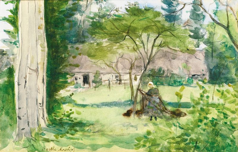 Paysage de Berthe Morisot, óleo sobre lienzo que representa un paisaje sereno con nubes y vegetación.