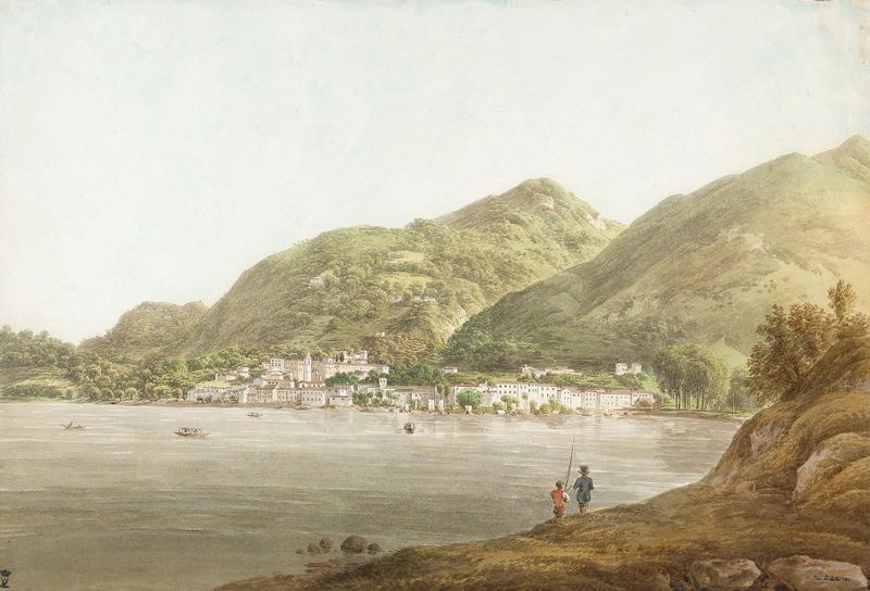 Lavano at the Lago Maggiore, oil on canvas by Joseph Rebell, depicting a serene lakeside scene at twilight.