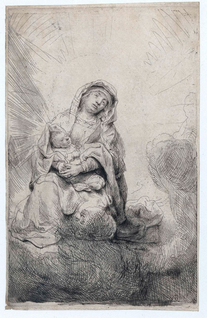 La Virgen y el Niño en las Nubes, grabado de Rembrandt van Rijn