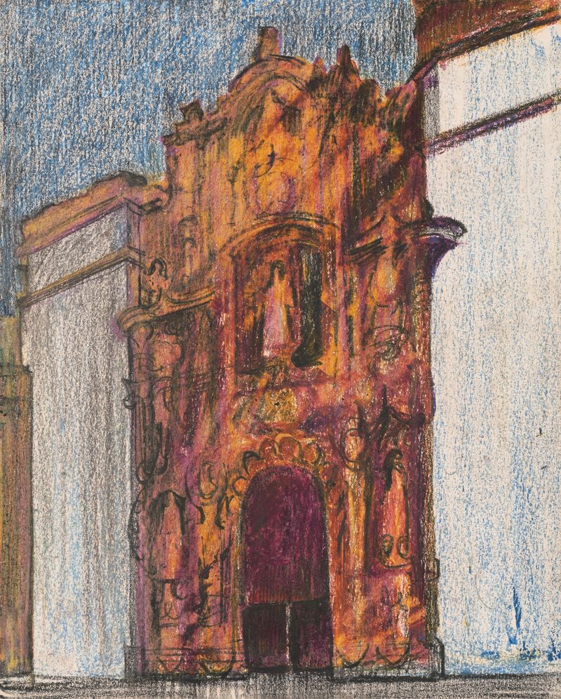 Fachada de la iglesia de Victor Alfred Lundy, modernismo, mostrando detalles intrincados y juego de luces.