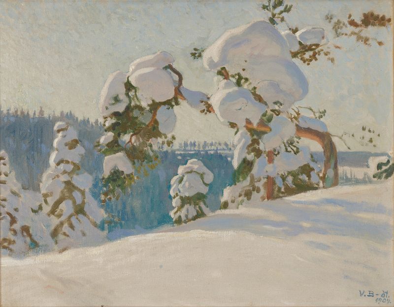 Paisagem de inverno óleo de Väinö Blomstedt mostrando neve e pegadas.